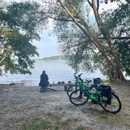 Person sitzt auf umgefallenem Baumstamm am Wannsee mit grünem Fahrrad in der Nähe. Bäume rahmen die friedliche Seeszene ein.
