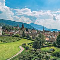 Panoramablick auf die Region Luzern mit grünen Wiesen, Weinbergen, historischer Stadt mit Kirchtürmen, Vierwaldstättersee und Bergen.