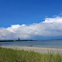Sandiger Ostsee-Strand mit Grasdünen im Vordergrund, ruhiges blaues Wasser mit weißen Segelbooten und Küstengebäuden unter bewölktem Himmel.
