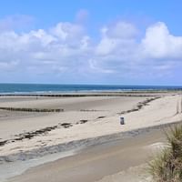 Breiter Sandstrand in Zeeland mit grasbewachsenen Dünen rechts, hölzernen Buhnen und ruhiger See unter teilweise bewölktem Himmel.