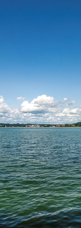 Wooden pier with white gazebo extending into Lake Constance in Bregenz. Clear blue sky with white clouds above the lake and forested hills.