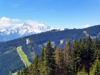 Sonnalmbahn Seilbahn in Zell am See Alpen Berglandschaft mit sichtbarer Sonnalmbahn-Seilbahn an bewaldeten Hängen, schneebedeckte Alpengipfel im Hintergrund unter blauem Himmel.