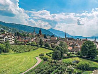 Panoramic view of Lucerne region with green meadows, vineyards, historic town with church spires, Lake Lucerne and mountains under blue sky.