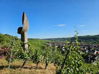 Steinmarker in Weinbergreihen mit Blick auf Sommerhausen. Grüne Reben im Vordergrund, Hügel und Häuser darunter unter blauem Himmel.