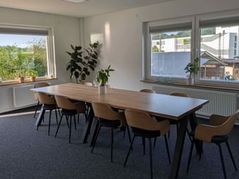Bright office break room with large wooden table surrounded by beige chairs. Two windows show city view with buildings and greenery.
