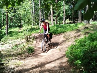 Female cyclist in red top and helmet riding on a dirt forest trail surrounded by green trees and vegetation on a sunny day.