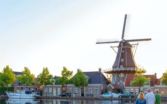 Uferpanorama am Ijsselmeer mit Blick auf eine typische Windmühle