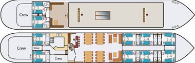 Two-deck layout of ship Elizabeth showing crew quarters, cabins with bed configurations, dining areas, and common spaces with furniture placement.