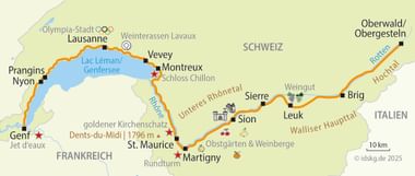 Cycling route map along Rhône from Oberwald to Geneva through Switzerland, passing Lake Geneva, Montreux, Lausanne, Martigny, and Sion.