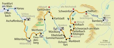 Karte des Main-Radwegs von Bamberg durch Städte wie Schweinfurt, Würzburg, Wertheim und Miltenberg. Orange und blaue Linien markieren die Route.