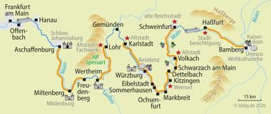 Karte mit Radroute entlang des Mains von Frankfurt bis Bamberg über Würzburg und andere Orte. Orange Linie markiert die Route.