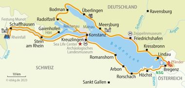 Cycling map of Lake Constance region with orange route through Konstanz, Überlingen, Schaffhausen, and Bregenz near Rhine Falls.
