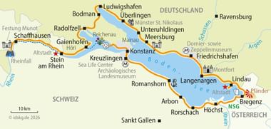 Cycling route map around Lake Constance through Germany, Switzerland, and Austria, showing cities like Konstanz, Bregenz, and Schaffhausen.