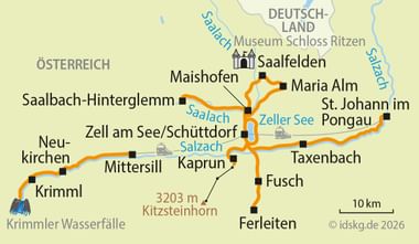 Cycling map showing star-shaped routes from Zell am See in Austria with orange lines connecting towns like Saalfelden, Maria Alm, Kaprun, and Krimml.
