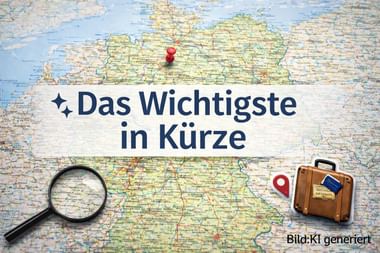 Straßenkarte mit roter Stecknadel, Lupe und braunem Reisekoffer. Deutscher Text 'Das Wichtigste in Kürze' als Überlagerung.
