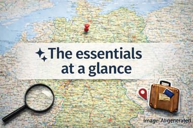 Road map with red pushpin, magnifying glass, vintage suitcase, and location marker. Text overlay reads 'The essentials at a glance'.
