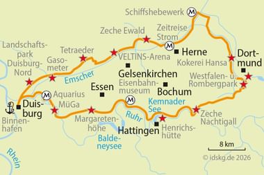 Map showing IGA circular cycling route through Ruhr area, connecting cities like Duisburg, Essen, Bochum, Hattingen, Herne and Dortmund with landmarks.