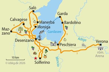 Cycling map showing star tour routes around Lake Garda from Desenzano, including towns like Salò, Bardolino, Peschiera, Verona and Solferino.
