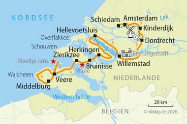Map of Zeeland cycling route with MS Normandie ship tour, showing orange route through Amsterdam, Kinderdijk, Willemstad, Middelburg and Veere.
