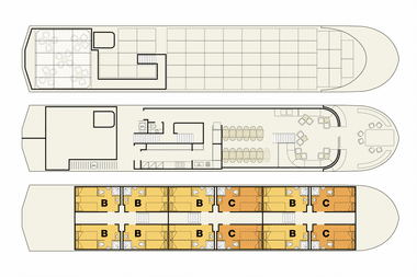 Drei-Deck-Layout der MS Ave Maria Portegrandi mit Oberdeck, Hauptdeck mit Essbereich und Unterdeck mit Kabinen B und C.
