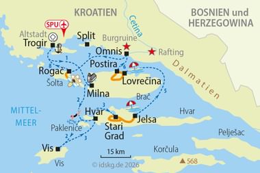 Map showing cycling and ship route from Trogir through South Dalmatia, visiting islands including Hvar, Brač, and coastal towns with numbered stops.