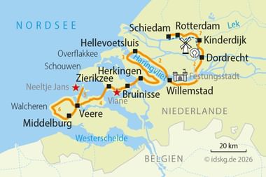 Karte der Zeeland-Radroute mit orangefarbenem Weg durch Städte wie Rotterdam, Dordrecht, Middelburg und Veere. Rote Sterne markieren Stopps.