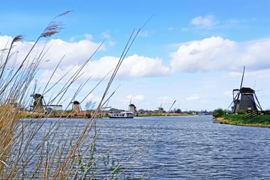 Reihe traditioneller niederländischer Windmühlen entlang eines breiten Wasserlaufs mit Schilf im Vordergrund. Blauer Himmel mit weißen Wolken.