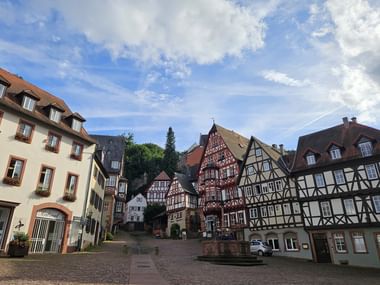 Kopfsteinpflasterplatz in Miltenbergs Altstadt mit bunten Fachwerkhäusern, einem Brunnen in der Mitte und blauem Himmel mit weißen Wolken.