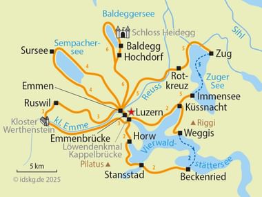 Radwegkarte mit Luzern als Zentrum, zeigt sternförmige Routen zu Zielen wie Zug, Weggis, Emmen und Sursee mit eingezeichneten Seen.