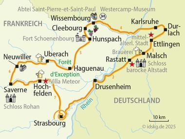 Radkarte der Bier-Rundtour im Elsass zwischen Frankreich und Deutschland mit Route durch Städte wie Straßburg, Wissembourg und Saverne.