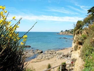 Küstenblick entlang Loire-Radweg zum Atlantik mit gelben Blüten, Sandstrand, Felsklippen und blauem Ozean unter bewölktem Himmel.
