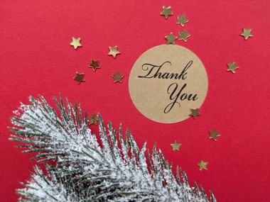 Red background with round kraft paper sticker reading 'Thank You', surrounded by gold star confetti and snow-dusted pine branch.