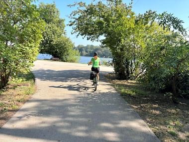 Cyclist in bright green shirt riding on paved bike path through trees with lake visible in background near Potsdam.