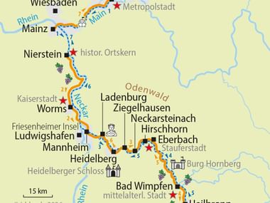 Map showing cycling route along Main, Rhine and Neckar rivers through German cities including Frankfurt, Mainz, Heidelberg and Mannheim.