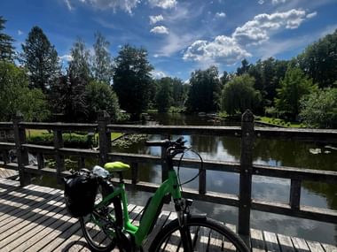 Grünes Fahrrad mit Packtaschen auf Holzbrücke über altem Spreearm, umgeben von üppigen Bäumen unter dramatischem Wolkenhimmel.