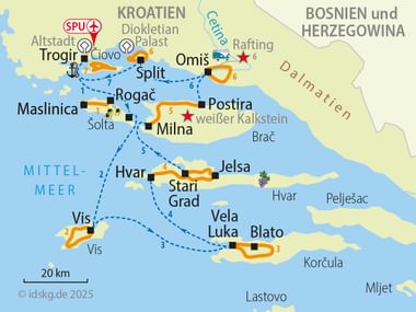 Karte von Süddalmatien mit Radroute ab Trogir durch kroatische Inseln Split, Hvar, Vis und Korčula mit nummerierten Stationen und Schiffssymbolen.