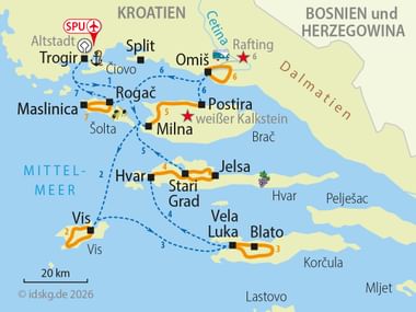 Karte von Süddalmatien mit Rad- und Schiffsroute ab Trogir entlang der kroatischen Küste und Inseln wie Split, Hvar, Vis und Korčula.