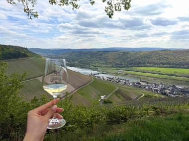 Hand holding white wine glass overlooking Moselle River valley near Zeltingen with terraced vineyards, village, and river under cloudy sky.