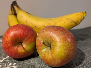 Two red-yellow apples in front of a bunch of yellow bananas on gray fabric. The apples show natural speckles and color variations.
