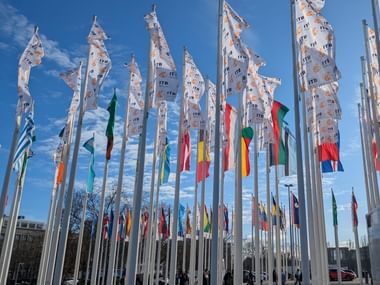 Mehrere weiße ITB-Flaggen und bunte Nationalflaggen an hohen Masten vor blauem Himmel auf einem Ausstellungsgelände.