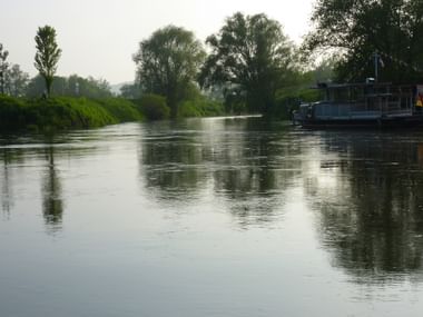 Saale-Fluss mit Boot und grünen Ufern Ruhiger Saale-Fluss spiegelt Bäume und Himmel wider, mit einem weißen Passagierboot am rechten Ufer umgeben von üppiger grüner Vegetation.