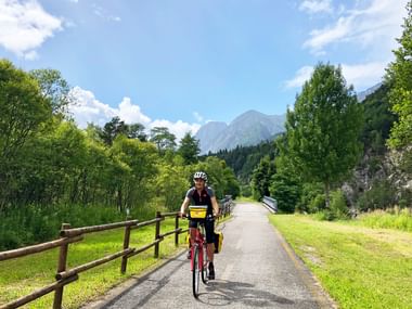 Cyclist on Alpe-Adria cycle path Cyclist with helmet and yellow panniers riding on paved Alpe-Adria cycle path through green valley with wooden fence and mountains in background.