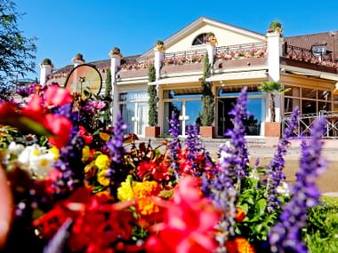 Kurpark Hotel Bad Dürkheim mit weißen Säulen und Balkonen, umgeben von bunten Blumenbeeten mit roten und violetten Blüten unter blauem Himmel.