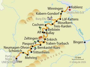 Map showing cycling route along Mosel river from Koblenz to Trier, passing towns like Cochem, Bernkastel-Kues, and Traben-Trarbach.