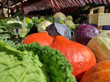 Bunte Auslage mit frischem Gemüse auf Münsters Wochenmarkt mit orangen Kürbissen, Rotkohl, Blumenkohl und Blattgemüse unter gestreifter Markise.
