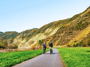 Zwei Radfahrer auf asphaltiertem Weg durch grünes Tal in Deutschland, umgeben von steilen Hängen mit Weinbergen unter klarem Himmel.