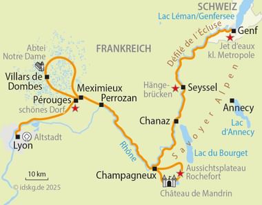 Map showing cycling route along Rhône from Geneva to Lyon through France, passing Seyssel, Chanaz, and Champagneux with marked towns and lakes.