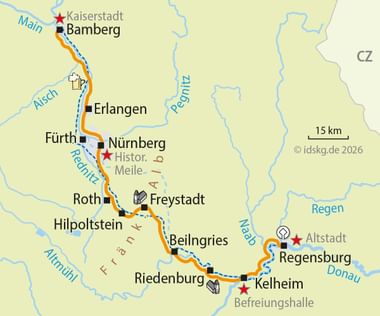 Karte des Main-Donau-Kanal Radwegs von Regensburg nach Bamberg über Kelheim, Riedenburg, Hilpolstein, Nürnberg, Fürth und Erlangen.