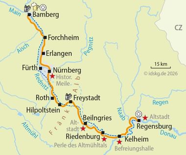 Map showing cycling route from Bamberg to Regensburg via Main-Danube Canal, passing through Forchheim, Erlangen, Nuremberg, Roth, and Kelheim.