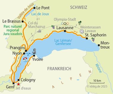 Cycling map of Lake Geneva showing orange routes connecting cities like Lausanne, Montreux, Nyon, and Geneva in Switzerland and France.